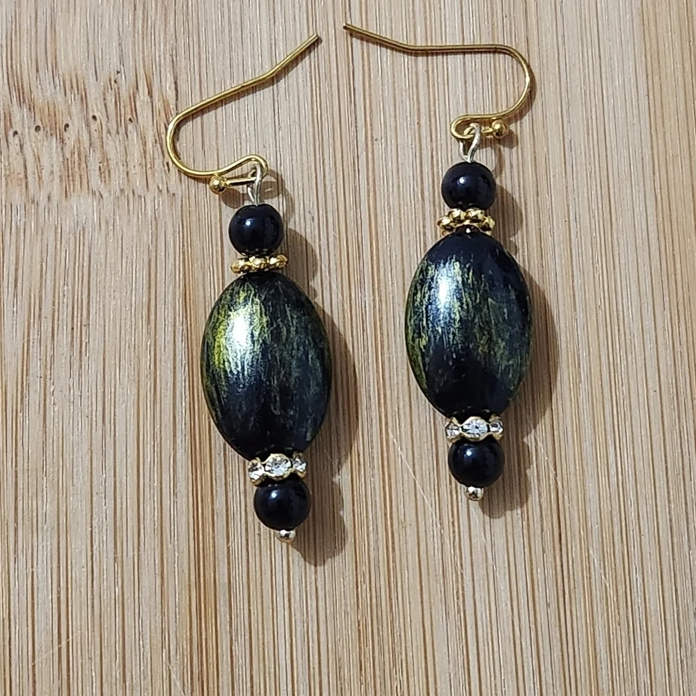 Hand Crafted Pierced Elegant Green Black and Gold Earrings Rhinestones   Dangle